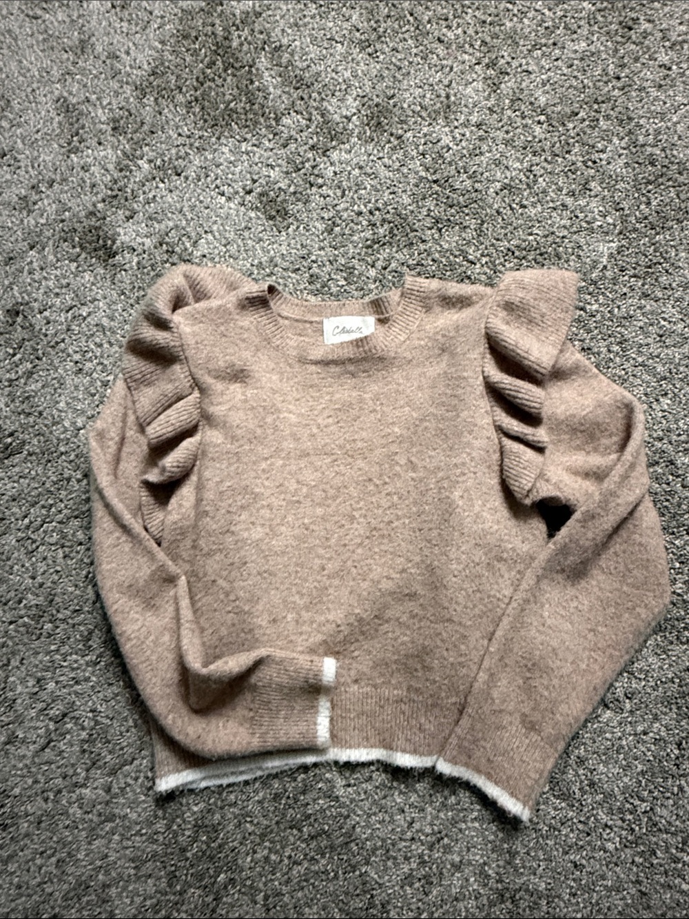 Cleobella Tan Ruffle-Shoulder Crewneck Sweater with Contrast Hem